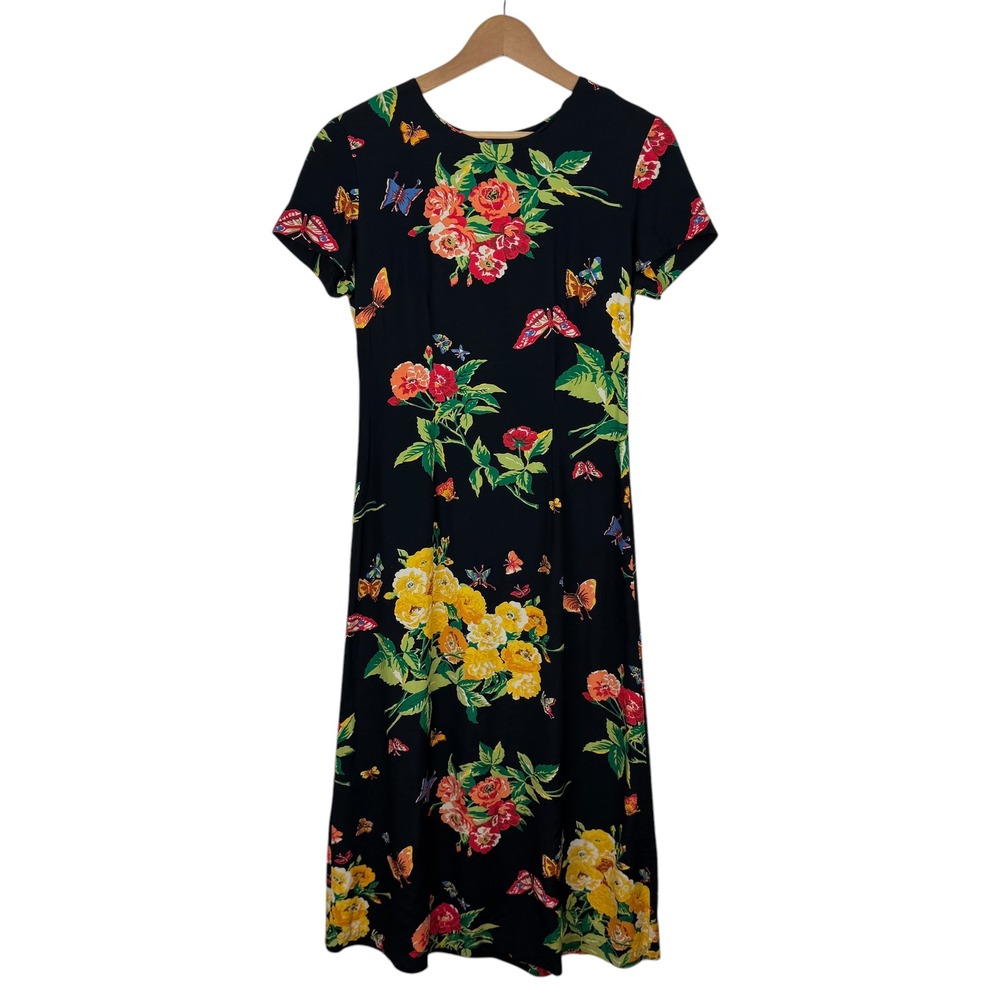 KC Spencer Vintage Floral Butterfly‎ Print Midi Dress Sz 6 Black Feminine Retro